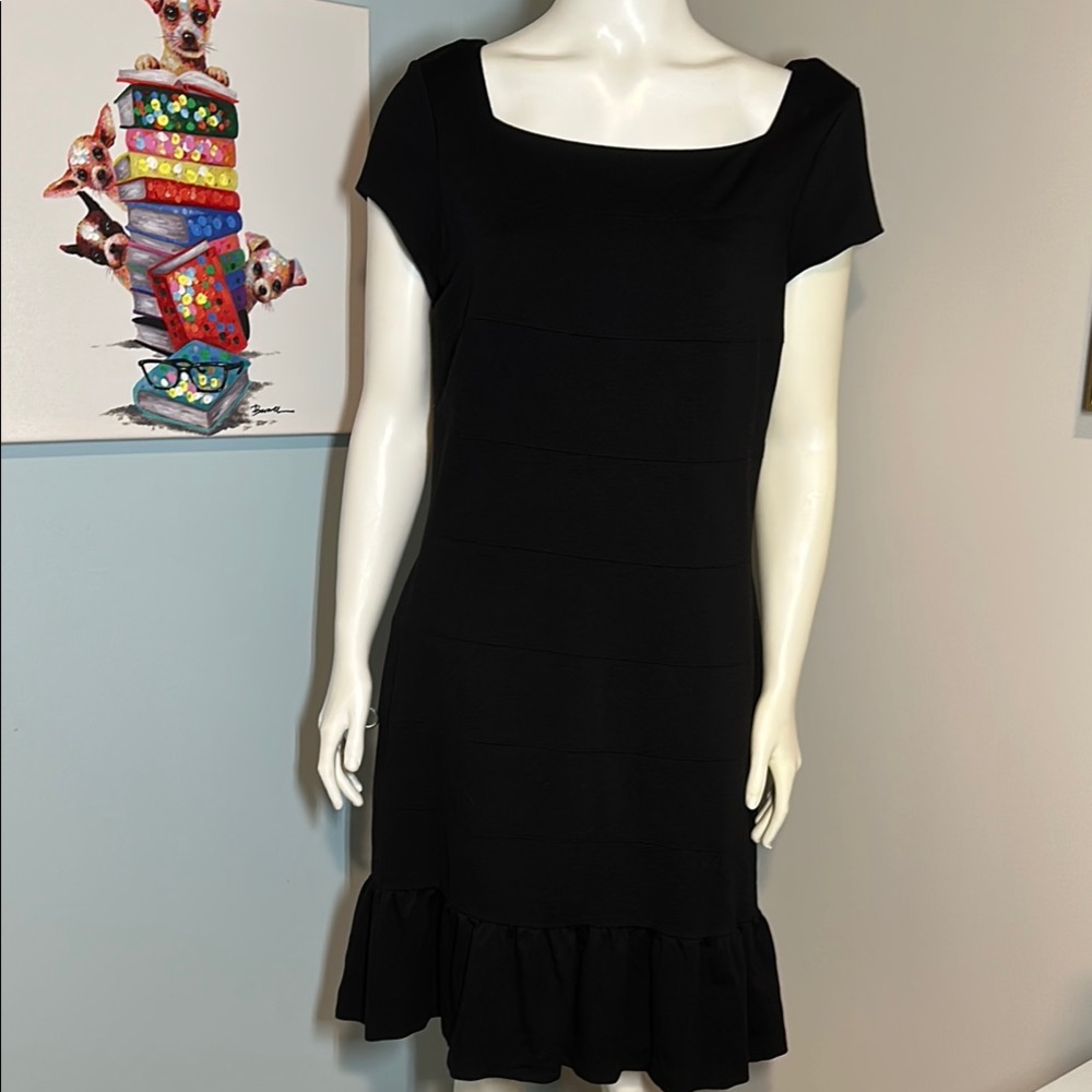 White House Black Market Black Ruffled Ponte Knit Sheath Mini Dress-size 10